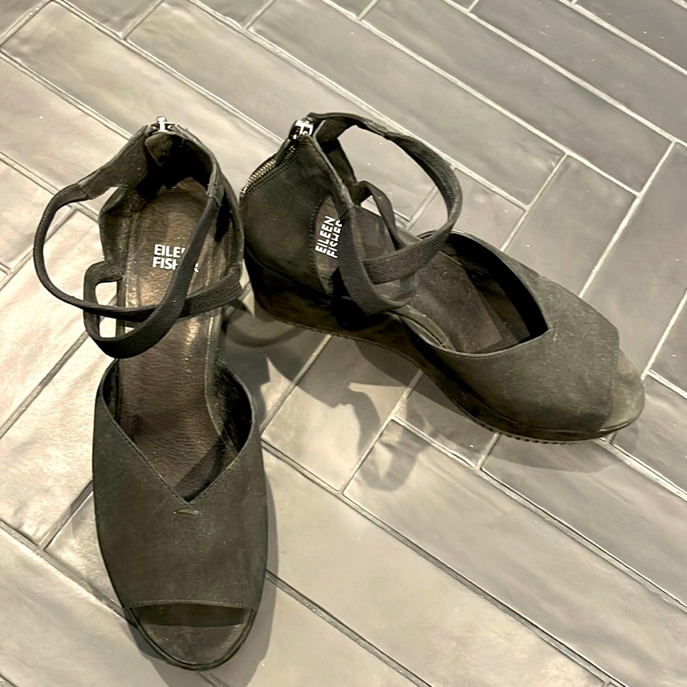 Black suede Eileen Fisher platform open toed shoes. Worn one time. Very comfy!
